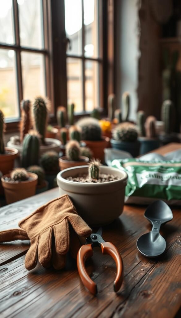 A neatly organized set of cactus repotting tools rests on a rustic wooden table, illuminated by warm, natural lighting from a large window. In the foreground, a pair of sturdy gardening gloves, a sharp pair of pruning shears, and a small hand trowel are carefully positioned. In the middle ground, a ceramic planter and a bag of fresh potting soil stand ready for the repotting process. The background features a collection of succulents and cacti, hinting at the indoor garden setting. The overall scene conveys a sense of calm, focused preparation for the delicate task of caring for these hardy houseplants.
