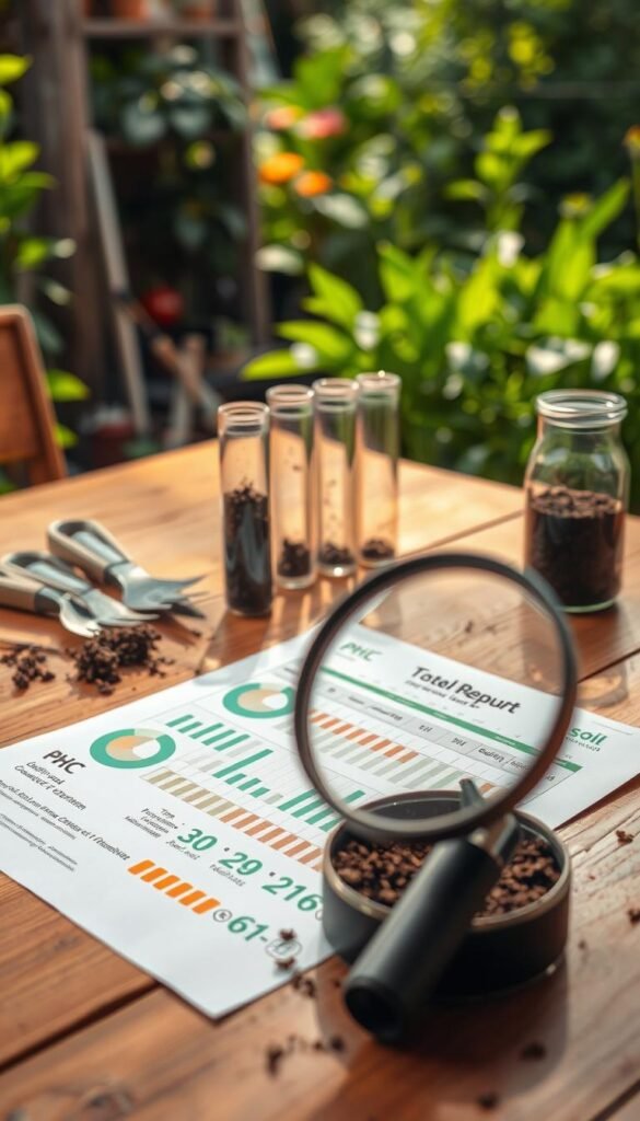 A neatly organized soil test report on a wooden table, illuminated by warm, natural lighting. In the foreground, a magnifying glass hovers over the report, highlighting key metrics like pH, nutrient levels, and soil composition. In the middle ground, soil samples in glass vials stand alongside gardening tools, creating a sense of connection between the data and its practical application. The background features a lush, verdant garden, hinting at the importance of interpreting these results for optimal plant growth. The overall atmosphere conveys a sense of scientific inquiry and horticultural expertise.