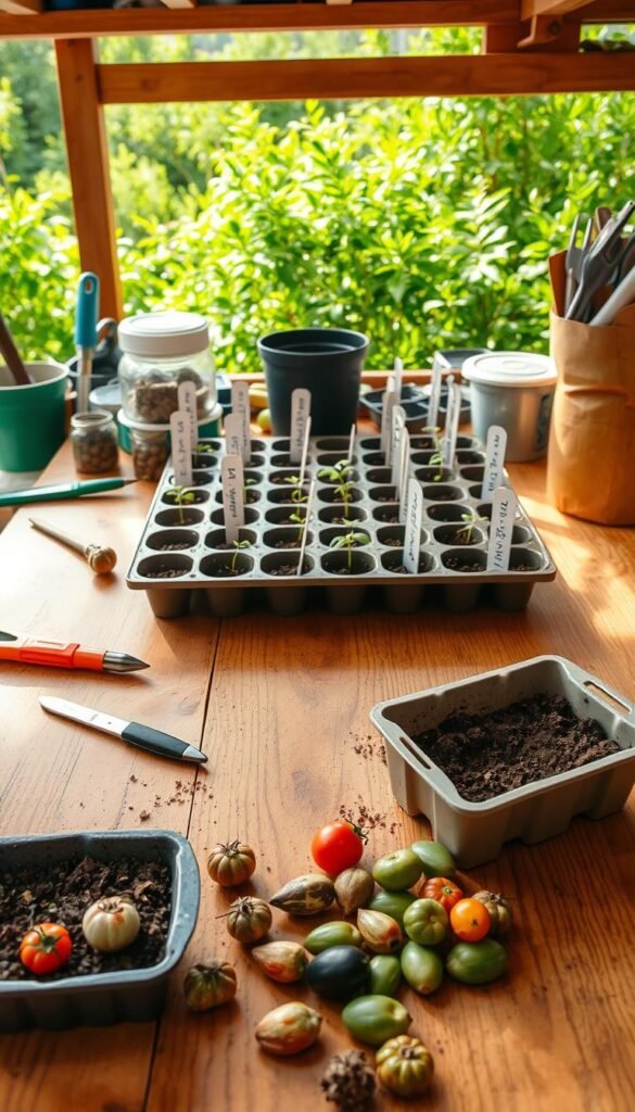 A neatly organized wooden garden workbench in warm natural light, with various gardening tools and supplies arranged on its surface. In the foreground, several tomato seeds are laid out, highlighting their intricate patterns and colors. A small potting tray filled with soil sits nearby, ready for seed sowing. In the middle ground, a few well-labeled seed starting trays stand, each containing young tomato seedlings reaching towards the soft, diffused lighting. The background features a lush, verdant backdrop, hinting at the abundant growth to come. The overall scene conveys a sense of calm, focused preparation for a successful tomato gardening season.
