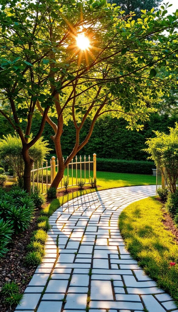 A neatly patterned paving path winds through a lush, verdant front garden. Warm afternoon sunlight filters through the leaves of a small tree, casting soft shadows on the intricately laid stone tiles. A low, decorative fence frames the garden, its simple yet elegant design complementing the natural setting. Carefully manicured shrubbery and flowers line the perimeter, adding pops of color and texture. The overall scene exudes a sense of inviting charm and curb appeal, drawing the viewer in to explore this welcoming outdoor space.