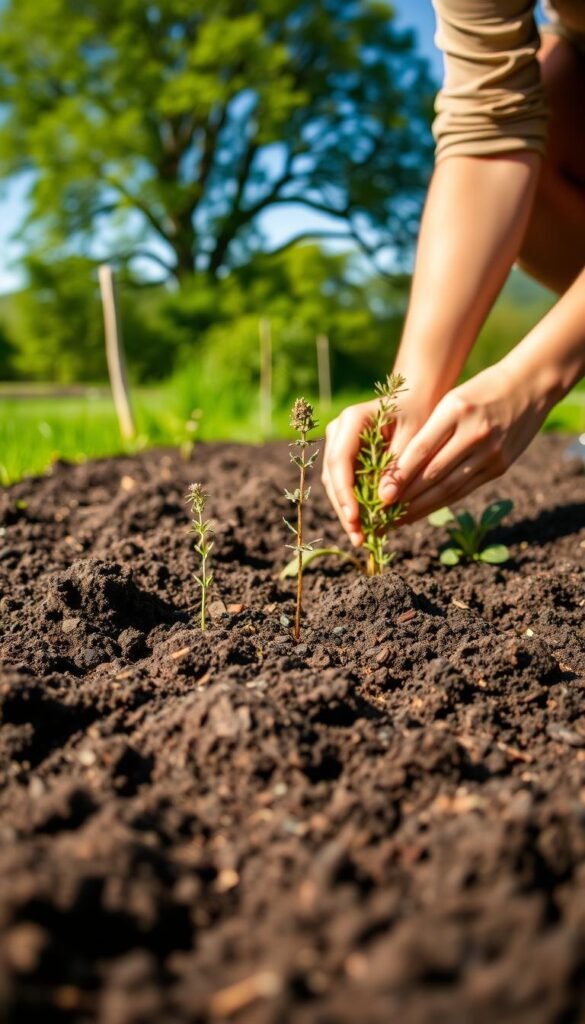 A neatly tilled garden bed in the foreground, soft natural lighting casting a warm glow. In the middle ground, a gardener's hands carefully planting young perennial herb seedlings, like rosemary, thyme, and oregano, into the rich, dark soil. In the background, a lush, verdant landscape with towering trees and a clear blue sky, creating a serene, bucolic atmosphere. The scene conveys a sense of care, mindfulness, and the joyful anticipation of nurturing a thriving home herb garden for years to come.