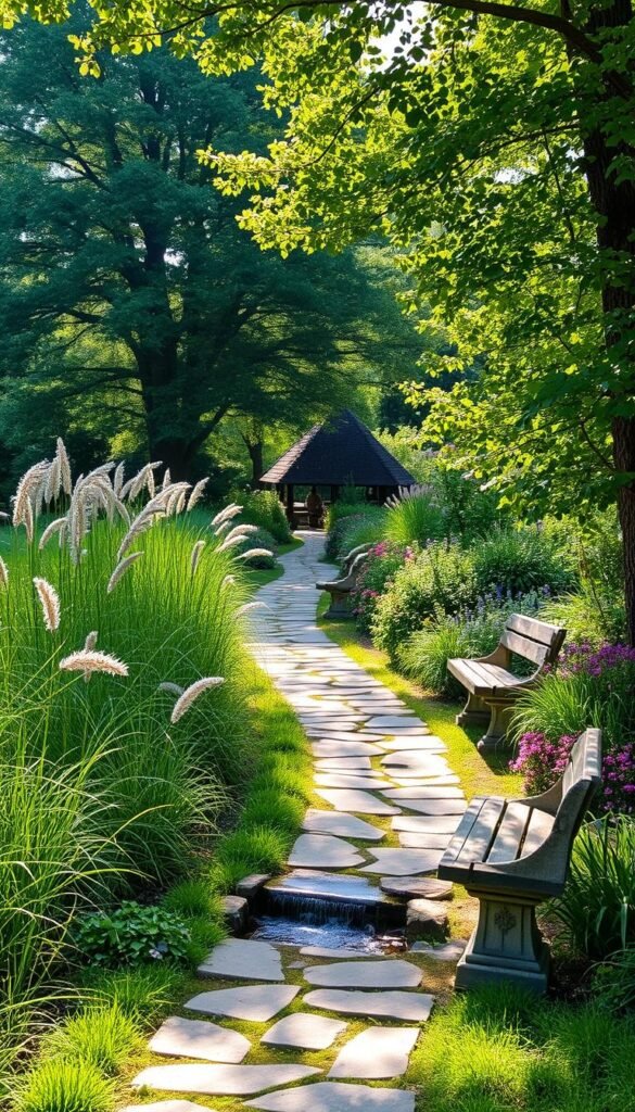 A peaceful garden pathway winds through a lush, verdant landscape. Tall, swaying grasses and flourishing flower beds line the stone-paved trail, creating a tranquil and serene atmosphere. Dappled sunlight filters through the canopy of mature trees, casting a warm, natural glow over the scene. A small, babbling stream crosses the path, its soothing sounds adding to the calming ambiance. Ornamental stone benches invite visitors to pause and bask in the restorative energy of this idyllic setting. The overall composition evokes a sense of harmony and contemplation, inviting the viewer to immerse themselves in the restorative power of this carefully curated garden oasis.