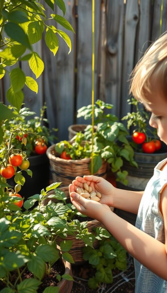 A peaceful garden scene with a young child harvesting seeds from vibrant, healthy plants. Warm afternoon sunlight filters through the leaves, casting gentle shadows. In the foreground, the child's hands delicately gather ripe seed pods, a look of wonder and discovery on their face. Surrounding them, a lush assortment of thriving container plants - tomatoes, herbs, and leafy greens - sway gently in a light breeze. In the middle ground, a woven basket waits to collect the precious bounty. The background features a rustic wooden fence, weathered but sturdy, framing the scene with an air of timeless simplicity.
