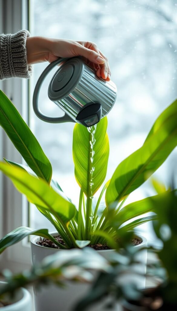 A person gently watering a lush, green tropical plant during the winter season. The foreground features the person's hands carefully holding a watering can as they gently pour water onto the plant's soil. The middle ground showcases the vibrant, verdant leaves and stems of the plant, contrasting with the muted, grey-blue tones of the winter backdrop. The background is softly blurred, creating a sense of calm and focus on the plant-watering activity. Soft, diffused natural lighting from a window illuminates the scene, casting gentle shadows and highlights. The overall atmosphere is one of quiet, intentional care and nurturing, despite the challenges of the cold, winter conditions.