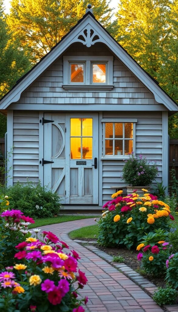 A picturesque farmhouse-style Victorian shed, its facade adorned with intricate trim and gables, stands amidst a lush, verdant garden. Warm, golden light filters through the windows, casting a cozy, inviting glow. The shed's weathered wood siding and traditional design elements evoke a sense of timeless charm. In the foreground, a well-tended flower bed bursts with vibrant blooms, complementing the shed's rustic elegance. A charming brick path leads towards the entrance, inviting visitors to explore this charming, functional retreat. The scene exudes a serene, pastoral atmosphere, capturing the essence of a harmonious blend between form and function.