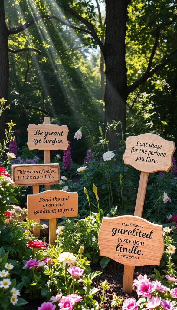 A picturesque garden scene with various wooden garden signs and plaques tastefully placed amidst lush foliage and flowers. The signs feature inspirational gardening quotes in an elegant, hand-painted script. Soft, natural lighting filters through the surrounding trees, casting a warm, tranquil glow over the entire composition. The placement of the signs feels intentional and harmonious, seamlessly integrated into the garden's design. The overall atmosphere evokes a sense of serenity and mindfulness, inviting the viewer to pause and reflect on the uplifting messages.