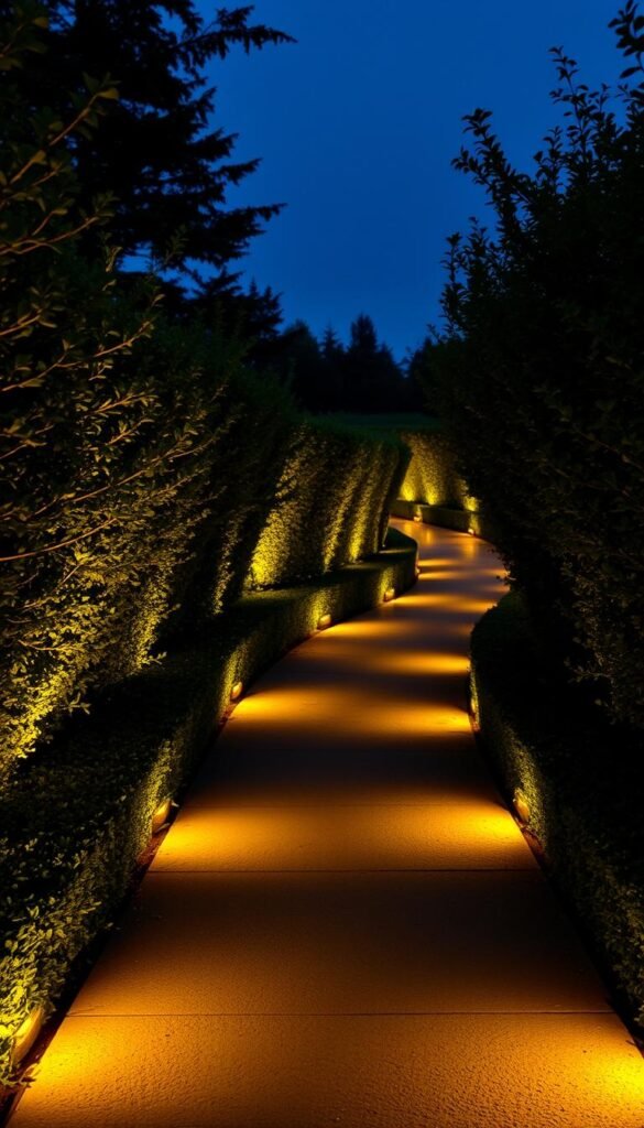 A picturesque pathway adorned with a series of elegant, low-profile lights that cast a warm, inviting glow along the walkway. The lights are strategically placed to create a captivating illumination effect, leading the viewer's eye down the meandering path. The pathway is lined with neatly trimmed hedges and surrounded by lush, verdant foliage, creating a serene and tranquil ambiance. The lighting is soft and diffused, creating a cozy and welcoming atmosphere, perfect for showcasing the beauty of the outdoor space. The image is captured from a slightly elevated angle, providing a comprehensive view of the enchanting pathway lights design.