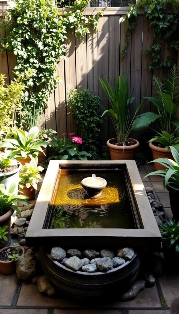 A picturesque patio pond setup with a central water feature surrounded by lush greenery. The pond has a rectangular shape with a smooth, reflective surface, nestled among potted plants and small decorative rocks. The lighting is soft and natural, casting a warm glow on the scene. In the background, a wooden fence or trellis provides a rustic backdrop, complementing the overall tranquil and serene atmosphere. The composition is balanced, with the pond as the focal point, and the surrounding elements creating a harmonious and inviting outdoor oasis.
