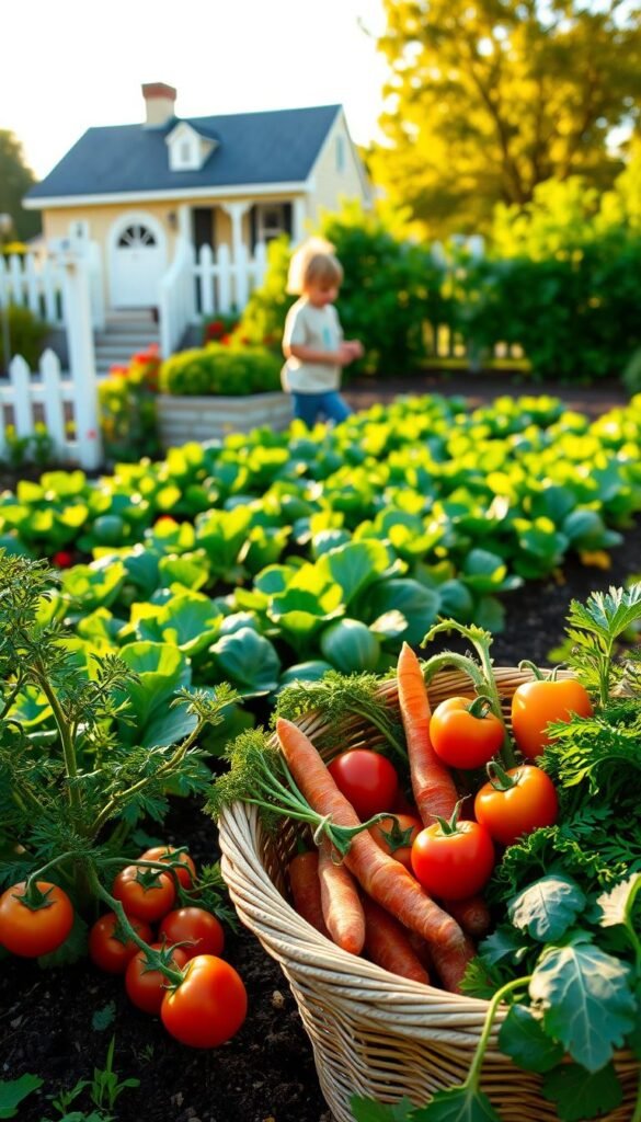 A playful garden scene with thriving vegetables perfect for little hands. In the foreground, a basket overflows with vibrant tomatoes, carrots, and bell peppers. In the middle ground, a child's shadow falls across neatly tended rows of leafy greens and squash plants. The background features a cheerful cottage with a charming picket fence, bathed in warm, golden afternoon light. The overall atmosphere is one of joy, wonder, and the delight of growing your own healthy, easy-to-harvest produce.