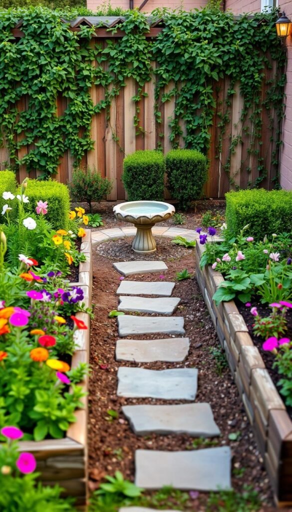 A quaint and charming small front garden, with an inviting path leading to the entrance. In the foreground, raised garden beds filled with vibrant flowers and aromatic herbs, surrounding a simple birdbath. In the middle ground, strategically placed stepping stones guide the way, flanked by neatly trimmed shrubs and cascading vines. The background features a low fence or border, adorned with trailing vines and compact, drought-resistant plants, creating a lush and inviting atmosphere. Soft, diffused lighting illuminates the scene, casting gentle shadows and highlighting the textures and colors of the garden. The overall impression is one of a budget-friendly, yet beautifully curated and well-designed small front garden.