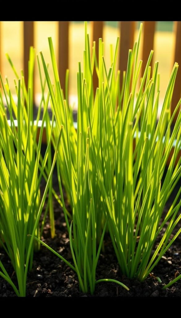 A raised garden bed filled with lush, vibrant chives. The chives stand tall and proud, their green, slender stems reaching towards the warm, golden sunlight that filters through the scene. The soil is rich and dark, nourishing the plants. In the background, a simple wooden fence frames the tranquil, idyllic garden setting. The image conveys a sense of effortless growth and resilience, capturing the essence of an 'unkillable starter plant' that thrives with minimal care.