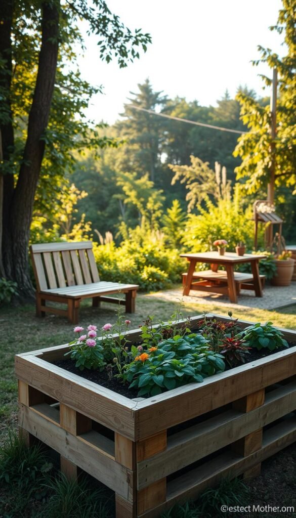 A rustic, DIY pallet garden setup in a lush, natural setting. In the foreground, a raised planter box made from reclaimed wooden pallets, filled with thriving plants and flowers. The middle ground showcases a cozy sitting area with a pallet bench and matching table, inviting relaxation. In the background, a verdant backdrop of trees and greenery, casting a warm, golden glow from the afternoon sunlight filtering through. The scene exudes a sense of tranquility and eco-friendly, sustainable living. Captured with a wide-angle lens to highlight the depth and scale of the setup, with a shallow depth of field to focus attention on the pallet garden details.