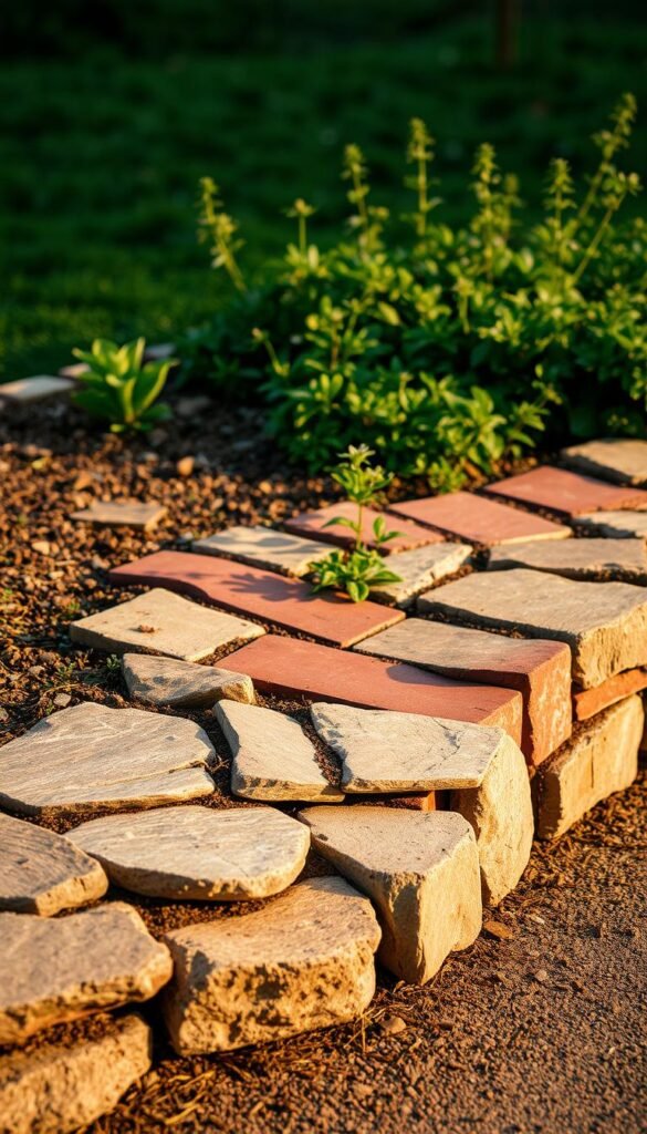 A rustic garden border composed of weathered stone and aged brick. In the foreground, irregular-shaped stones are carefully arranged, their surfaces textured and worn by time. Interspersed among them, red-hued bricks, their edges softened, create a cohesive visual rhythm. The middle ground features a mixture of low-growing plants, their verdant foliage spilling over the edge, creating a natural, effortless transition. Warm, diffused lighting casts gentle shadows, evoking a sense of timelessness. The background blurs into a verdant, lush landscape, hinting at the garden's larger context. The overall scene emanates a sense of tranquility and harmony, seamlessly blending natural materials into a captivating, organic design.