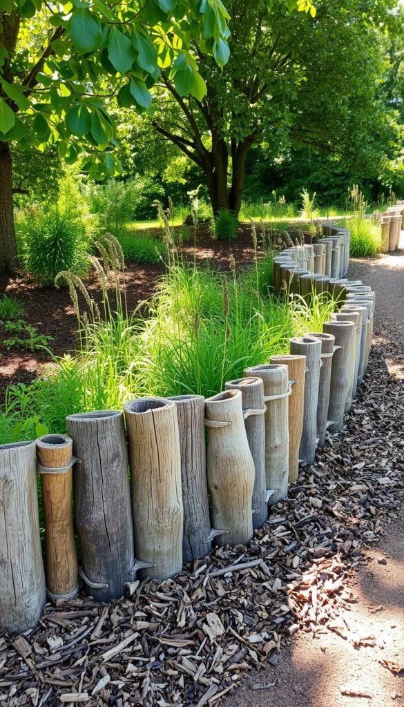 A rustic garden border, crafted from weathered wooden planks and rich, earthy mulch. The wooden edging meanders gracefully, its irregular contours embracing a lush, verdant landscape. Dappled sunlight filters through the canopy above, casting warm, golden hues upon the scene. Textured bark and organic mulch create a tactile, naturalistic contrast, complementing the serene, bucolic atmosphere. The arrangement is both functional and aesthetically pleasing, seamlessly blending the boundary between cultivated garden and wild, untamed nature.
