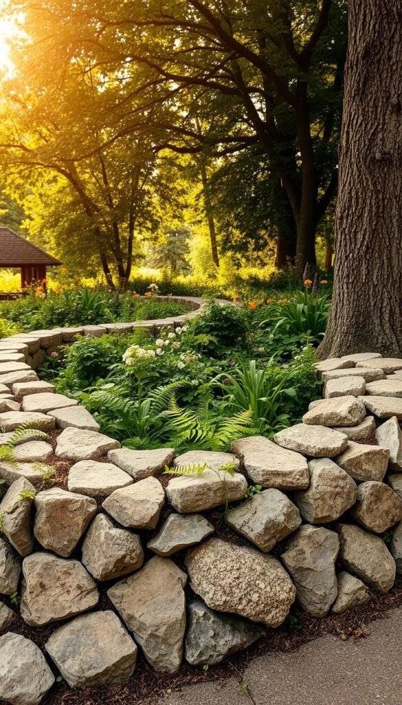 A rustic garden edging featuring a mosaic of worn stones and weathered logs arranged in a natural, meandering pattern. The foreground is dominated by a mix of irregular fieldstones, their surfaces textured and softened by time, interspersed with smooth, organic-shaped logs. Delicate ferns and trailing vines creep between the crevices, adding a lush, overgrown feel. In the middle ground, the edging blends seamlessly into a lush, verdant garden filled with a variety of flourishing plants and flowers. Warm, diffused sunlight filters through the canopy of trees overhead, casting a soft, golden glow across the scene and imbuing it with a serene, timeless quality. Overall, the image conveys a sense of tranquility and a celebration of nature's rustic beauty.