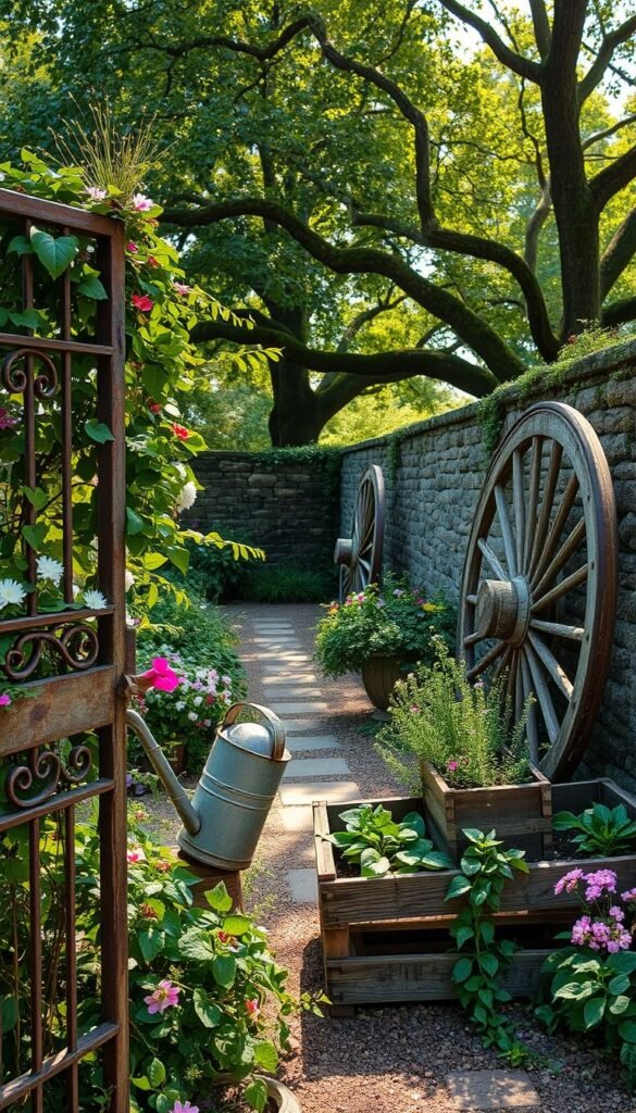 A rustic garden oasis, filled with repurposed relics from a bygone era. In the foreground, a weathered iron gate frames a lush tangle of climbing vines and wildflowers. Beside it, a vintage watering can overflows with cascading blooms. In the middle ground, a salvaged wooden crate supports a flourishing herb garden, its earthy aroma carried on a gentle breeze. Beyond, a weathered wagon wheel leans against a moss-covered stone wall, its spokes casting intricate shadows across the path. Overhead, the dappled sunlight filters through a canopy of ancient trees, casting a warm, golden glow over the entire scene. This is a sanctuary where the past and present converge, creating a harmonious and enchanting rustic garden retreat.