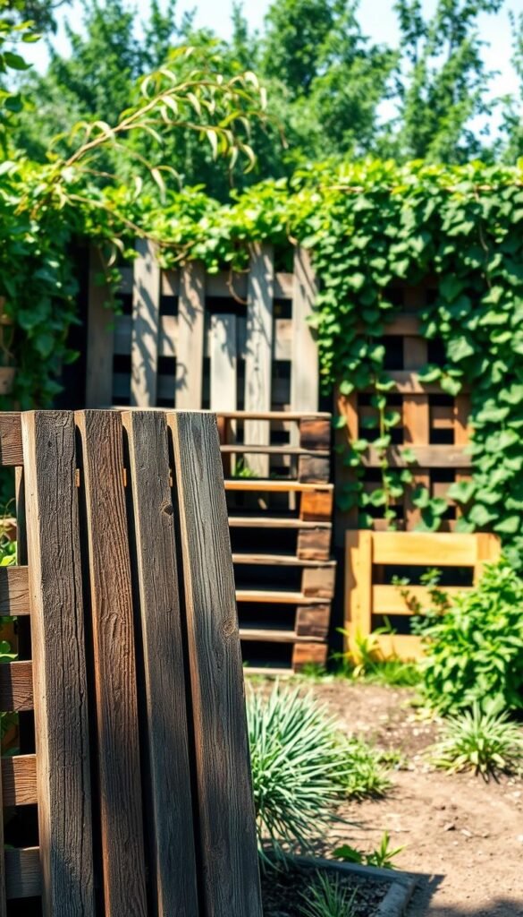 A rustic garden scene with a weathered wooden pallet standing in the foreground, its slats casting dramatic shadows. In the middle ground, a collection of various-sized pallets are stacked and arranged, their worn surfaces suggesting a history of previous use. The background features a lush, verdant garden backdrop, with trailing vines and vibrant foliage framing the scene. The lighting is natural, with soft, diffused illumination casting a warm, inviting atmosphere. The overall composition evokes a sense of repurposing and a vintage, DIY aesthetic, perfectly suited for the "Repurposing Pallets for a Rustic, Vintage Garden Look" article.