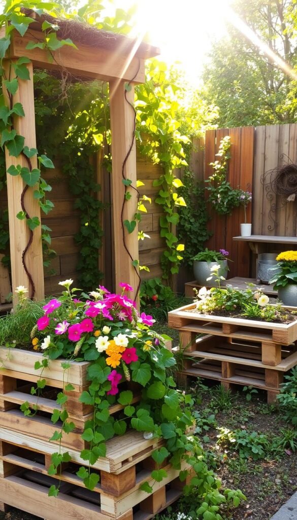 A rustic garden scene with weathered wooden pallets artfully repurposed as planters, trellises, and decor. Sunlight filters through lush foliage, casting a warm, vintage glow. In the foreground, a pallet planter overflows with cascading vines and vibrant flowers. Mid-ground, a pallet-constructed trellis supports climbing vines and creates a charming focal point. In the background, additional pallet accents, such as a bench or wall decor, add depth and character. The overall atmosphere is one of organic, lived-in beauty, inviting the viewer to imagine the tranquil, natural haven.