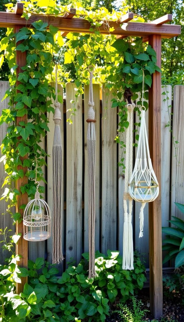 A rustic garden trellis, its wooden frame repurposed and adorned with a lush, cascading display of trailing vines and climbing plants. The midground features a variety of upcycled, decorative elements - a suspended birdcage, a hanging glass terrarium, and interwoven macrame hangings. Dappled sunlight filters through the verdant foliage, casting warm, golden hues across the scene. In the background, a weathered wooden fence serves as a complementary backdrop, enhancing the natural, tranquil atmosphere. The overall composition evokes a sense of creativity, sustainability, and a harmonious blend of old and new.