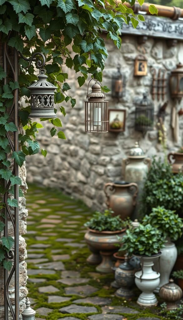 A rustic garden wall adorned with a charming display of vintage decor. In the foreground, an ornate iron trellis supports a cascading vine, its leaves casting a gentle, dappled light. Hanging from the trellis are weathered metal lanterns and birdcages, their distressed finishes complementing the aged stone wall. In the middle ground, a cluster of antique ceramic pots and planters overflows with lush greenery, their colors muted by the soft, natural lighting. The background features a mossy, stone-paved path leading deeper into the garden, creating a sense of depth and inviting exploration. The overall scene conveys a timeless, romantic atmosphere, where the past and present coexist in harmonious charm.