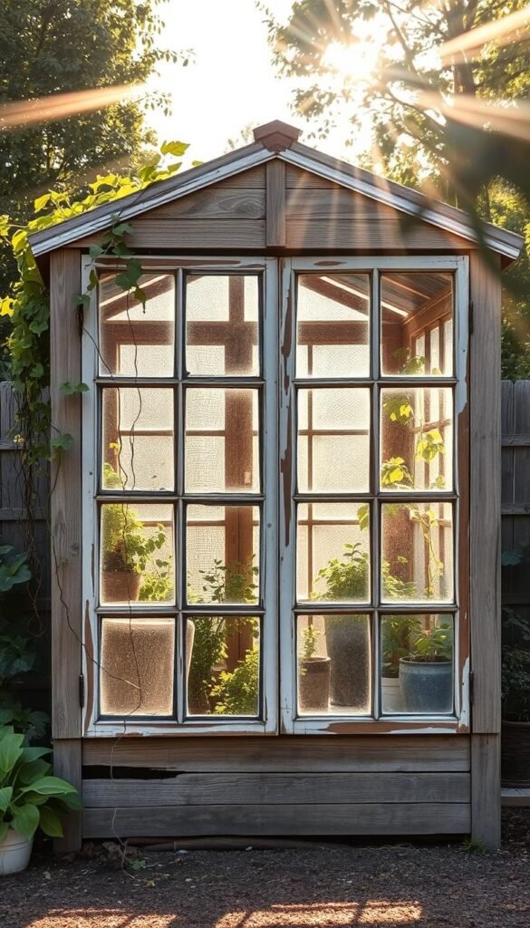 A rustic, handcrafted greenhouse stands proudly, its weathered wooden frame and mismatched vintage windows catching the warm afternoon light. Trailing vines and lush greenery spill out from the interior, creating a captivating contrast against the aged, textured glass panes. Rays of sunlight filter through, casting a soft, golden glow and casting intriguing shadows across the structure. The overall scene evokes a sense of timeless charm and a harmonious blend of nature and repurposed materials, perfectly capturing the essence of a charming, DIY greenhouse built with reclaimed windows.