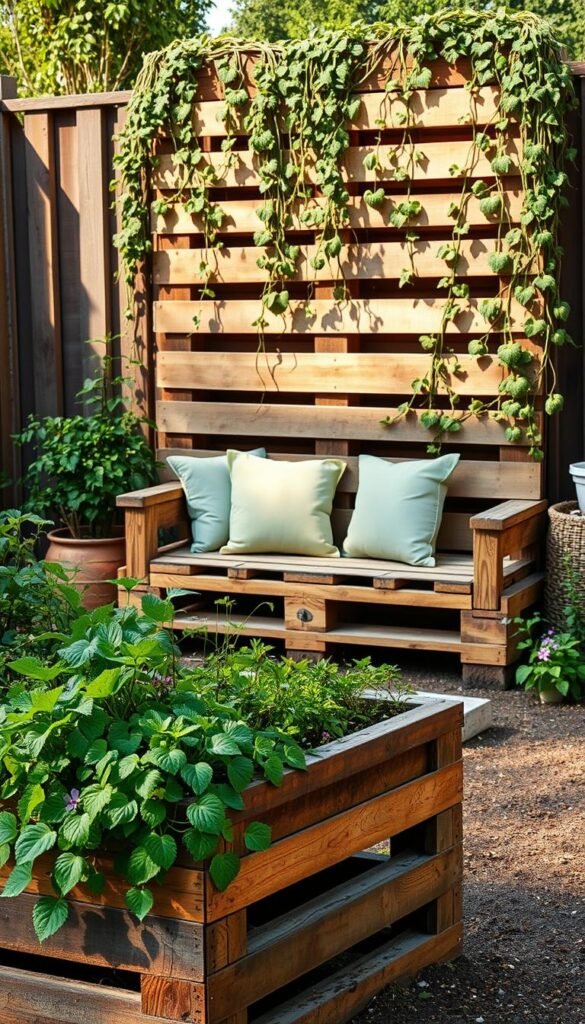A rustic pallet garden with functional, repurposed projects. In the foreground, a raised planter box with lush greenery cascading over the sides. In the middle ground, a sturdy pallet bench adorned with cushions, inviting visitors to relax and take in the charming scene. Behind, a vertical pallet planter with trailing vines, casting dappled shadows. Warm, natural lighting filters through, creating a cozy, vintage ambiance. The overall composition evokes a sense of harmony between repurposed materials and thriving plant life, embodying the essence of a functional, rustic garden.