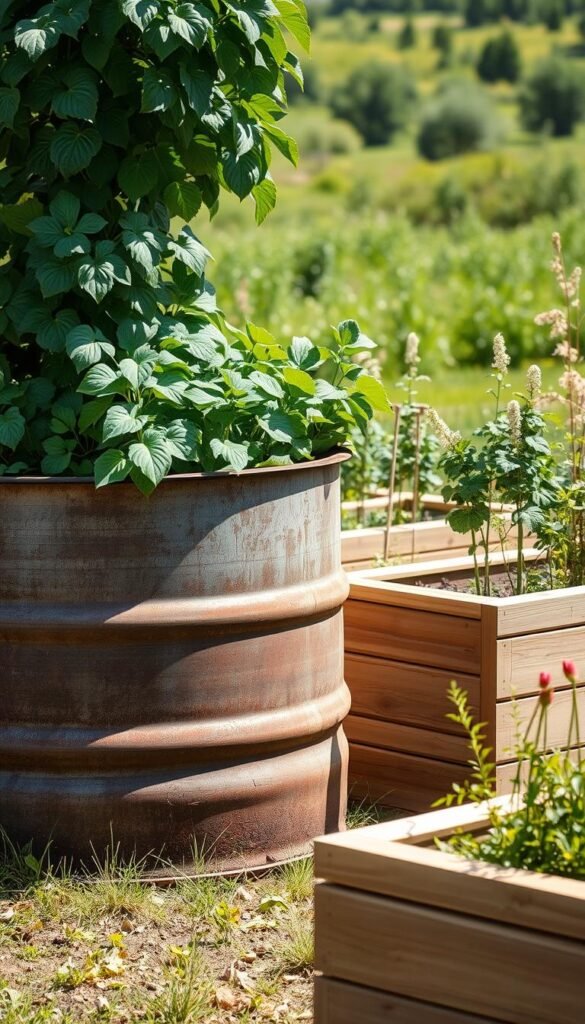 A rustic stock tank filled with lush greenery, its weathered patina contrasting with the sleek, modern lines of a wooden raised garden bed. Sunlight filters through the leaves, casting warm shadows across the scene. In the background, a verdant landscape frames the arrangement, hinting at the tranquil, outdoor setting. The composition highlights the distinct aesthetics of these two garden bed styles - the raw, industrial charm of the stock tank versus the refined, minimalist appeal of the raised bed. Captured with a crisp, high-resolution lens, this image evokes a sense of natural harmony, inviting the viewer to contemplate the interplay of form, function, and personal style in the design of an intimate garden oasis.