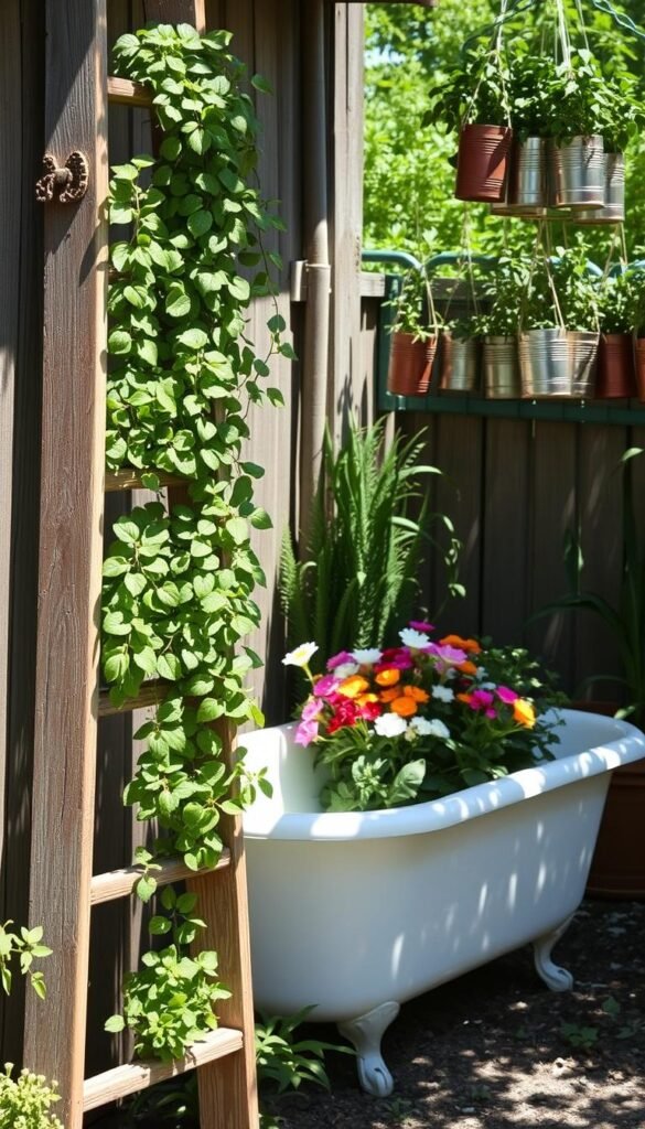 A rustic, sun-dappled garden with an array of repurposed and upcycled items showcasing creative DIY projects. In the foreground, an old ladder transformed into a vertical planter, its weathered wood contrasting with the lush greenery cascading down. In the middle ground, a vintage bathtub overflows with a vibrant mix of flowering plants, its once-utilitarian form now a whimsical centerpiece. In the background, a cluster of hanging planters crafted from reclaimed mason jars and tin cans, their eclectic arrangement adding visual interest. The overall scene exudes a sense of charm and resourcefulness, inspiring the viewer to embrace a one-of-a-kind garden aesthetic through ingenious upcycling.
