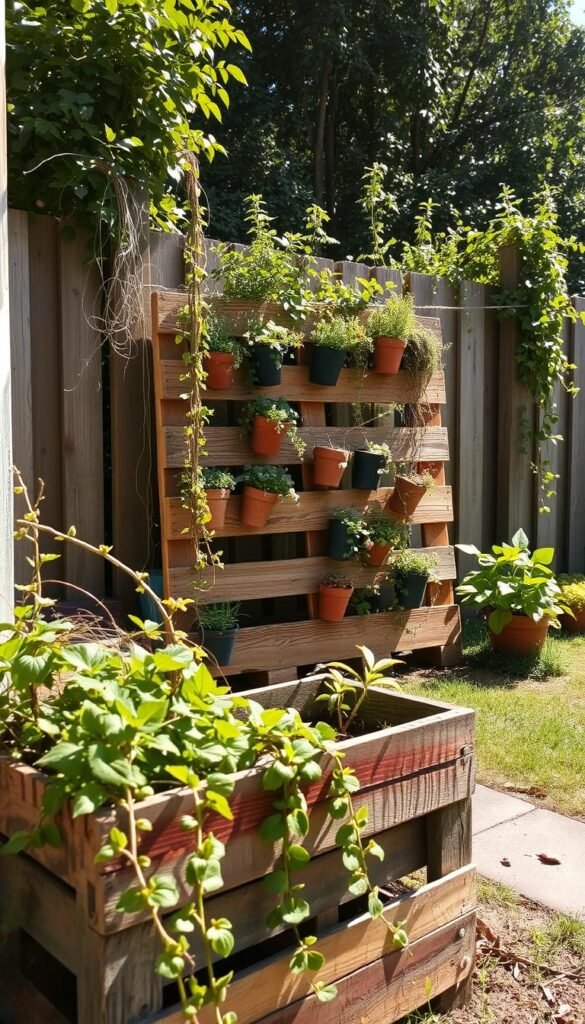 A rustic, vintage-inspired pallet garden decor in the foreground, with a weathered, distressed wooden planter box filled with lush greenery and trailing vines. In the middle ground, a repurposed pallet is transformed into a whimsical vertical garden, displaying an assortment of potted succulents and herbs. The background features a sun-dappled garden setting, with a wooden fence and lush, overgrown foliage creating a serene, natural ambiance. The lighting is soft and warm, creating a cozy, inviting atmosphere. Captured with a wide-angle lens to showcase the full scene, the overall composition conveys a sense of charm, creativity, and a touch of bohemian flair.