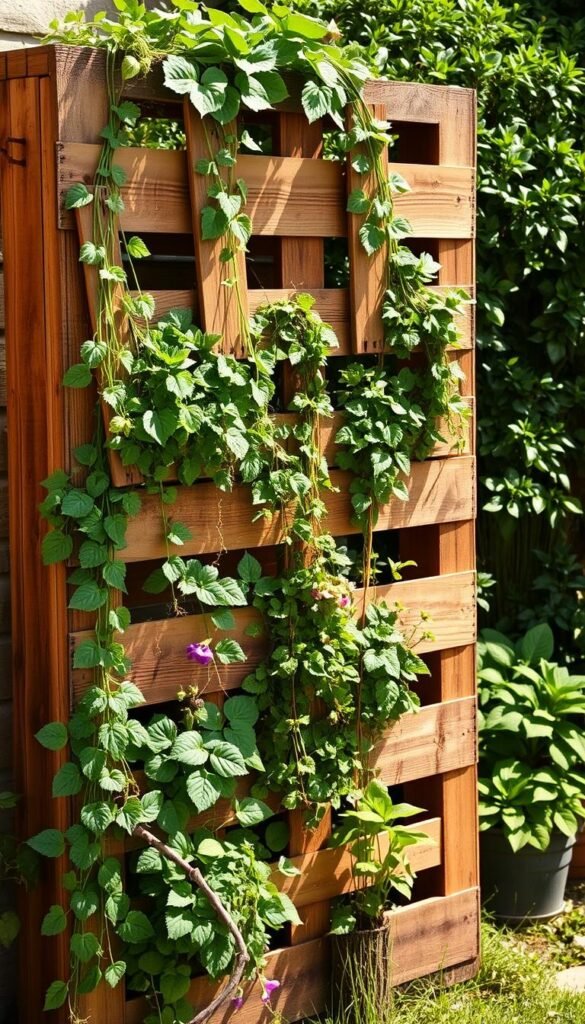 A rustic, vintage-inspired vertical pallet garden, with lush greenery cascading down the weathered wooden slats. The foreground features a sturdy, repurposed pallet frame, adorned with a variety of thriving plants - trailing vines, leafy herbs, and vibrant flowers. Warm, natural lighting casts a gentle glow, highlighting the textured wood and the vibrant foliage. In the middle ground, a backdrop of verdant foliage and mature potted plants creates a sense of depth and abundance. The overall composition evokes a cozy, inviting atmosphere, perfectly capturing the charm of a repurposed pallet garden.