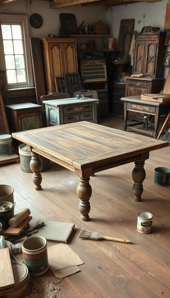 A rustic, weathered antique table sitting atop a worn, wooden floor, surrounded by vintage tools and materials. Soft, natural lighting filters through the window, casting a warm glow on the scene. In the foreground, an assortment of sandpaper, brushes, and paint cans hint at the ongoing restoration process. In the middle ground, a collection of aged, distressed furniture pieces waiting to be revived, each with its own unique character and history. The background features a cozy, cluttered workshop, hinting at the care and attention that will transform these flea market finds into stunning, one-of-a-kind pieces.
