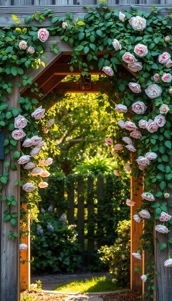 A rustic, weathered wooden archway draped in lush, climbing rose vines, bathed in soft, golden afternoon light. The archway's sturdy, natural beams frame a charming, inviting entryway leading into a secluded, verdant garden. Verdant leafy tendrils and delicate pink blossoms gracefully cascade down the archway's sides, creating a romantic, vintage-inspired scene. Dappled sunlight filters through the petals, casting a warm, glowing ambiance. The composition emphasizes the harmony between the rustic wooden structure and the natural, sprawling floral accents, embodying the cozy, timeless allure of a picturesque cottage garden.
