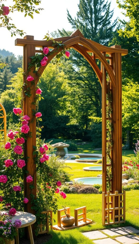 A rustic wooden garden arch stands proudly in a lush, verdant backyard. The sun casts a warm glow, illuminating the intricate lattice work and natural grain of the timber. In the foreground, an array of vibrant flowers, such as climbing roses and trailing vines, adorn the arch, creating a romantic, enchanting atmosphere. The middle ground features a step-by-step construction process, showcasing the basic building techniques - from assembling the frame to securing the decorative elements. The background fades into a serene landscape, with a tranquil pond or garden path leading the eye deeper into the scene. The overall composition evokes a sense of DIY craftsmanship, inviting the viewer to envision themselves constructing their own enchanting garden oasis.