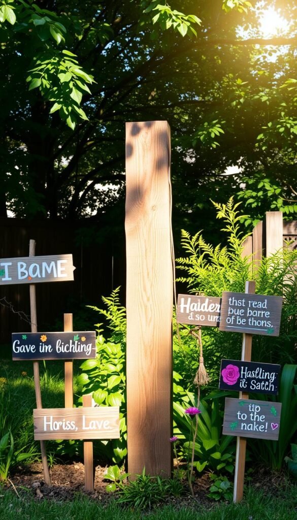 A rustic wooden garden sign post stands in a lush, verdant backyard. Surrounding it, various handmade garden signs with whimsical, nature-inspired designs and funny slogans are artfully arranged, creating a charming DIY display. Sunlight filters through the leafy canopy above, casting a warm, inviting glow over the scene. The signs are made from reclaimed wood, painted with vibrant acrylics, and embellished with natural elements like twigs, leaves, and flowers. The overall composition evokes a sense of playful creativity and a love for gardening and the great outdoors.