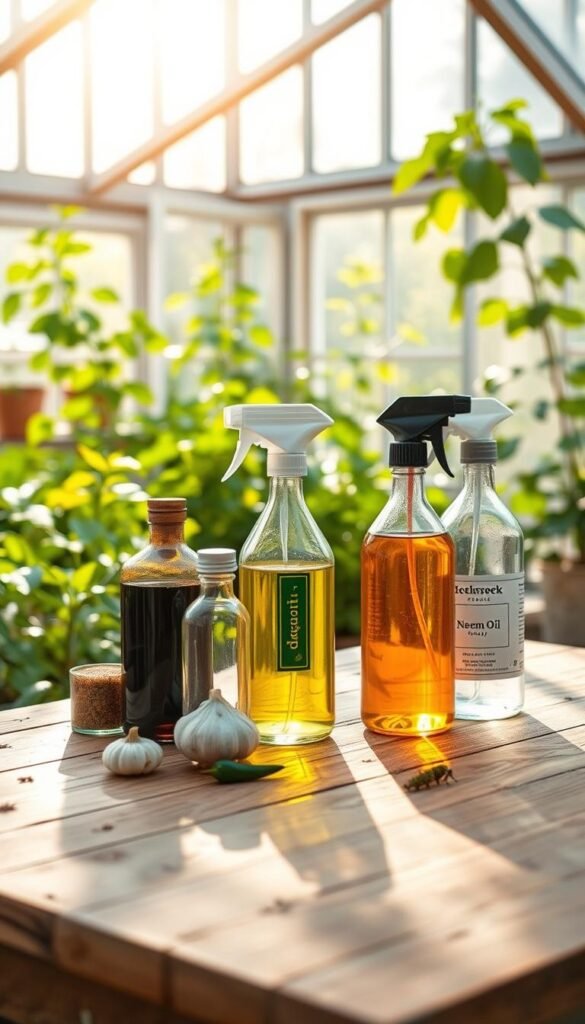 A rustic wooden table in a bright, airy backyard greenhouse. On the table, a collection of clear glass bottles filled with homemade organic pest sprays. The bottles contain natural ingredients like garlic, chili peppers, neem oil, and essential oils. Sunlight streams in through large windows, casting a warm glow on the scene. In the background, lush green plants and a few common garden pests, such as aphids or caterpillars, can be seen. The overall mood is one of simplicity, sustainability, and effective natural pest control.