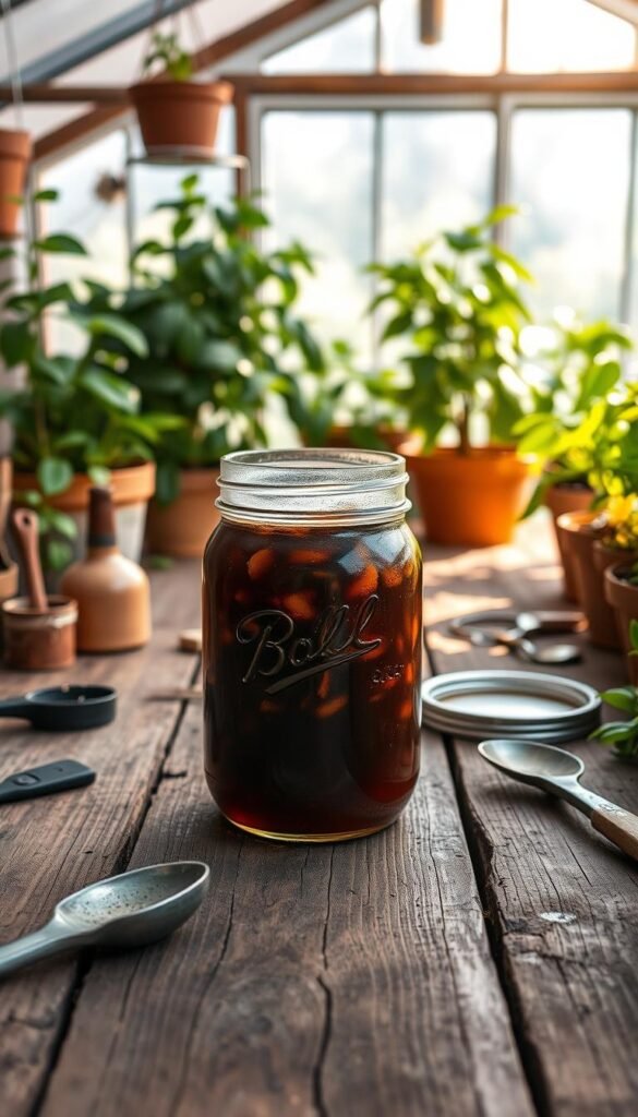 A rustic wooden table in a bright, airy greenhouse, illuminated by soft, natural lighting. In the center, a large glass mason jar filled with a rich, dark brown liquid, surrounded by various gardening tools and supplies. Lush, verdant potted plants in the background, creating an inviting, earthy atmosphere. The mason jar's metal lid is open, revealing the bubbling, frothy surface of the "compost tea" within, a nourishing elixir for container-grown plants. The scene conveys the expertise and care required to brew this organic fertilizer, a crucial step in efficient urban gardening.