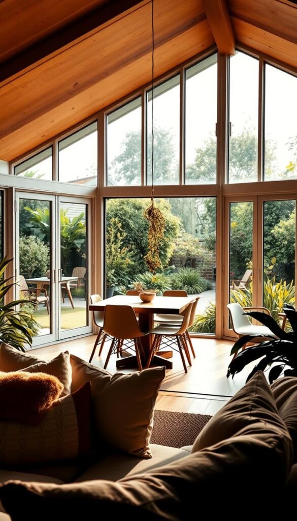 A serene and inviting garden room, flooded with warm natural light from large windows overlooking a lush, vibrant garden. In the foreground, a cozy seating area with plush cushions and a delicate hanging plant. The middle ground features a wooden dining table surrounded by modern chairs, creating a harmonious indoor-outdoor dining experience. In the background, the garden visible through the panoramic windows, with verdant foliage and a calm, tranquil atmosphere. The overall scene evokes a sense of relaxation, rejuvenation, and a seamless connection between the interior and exterior spaces.