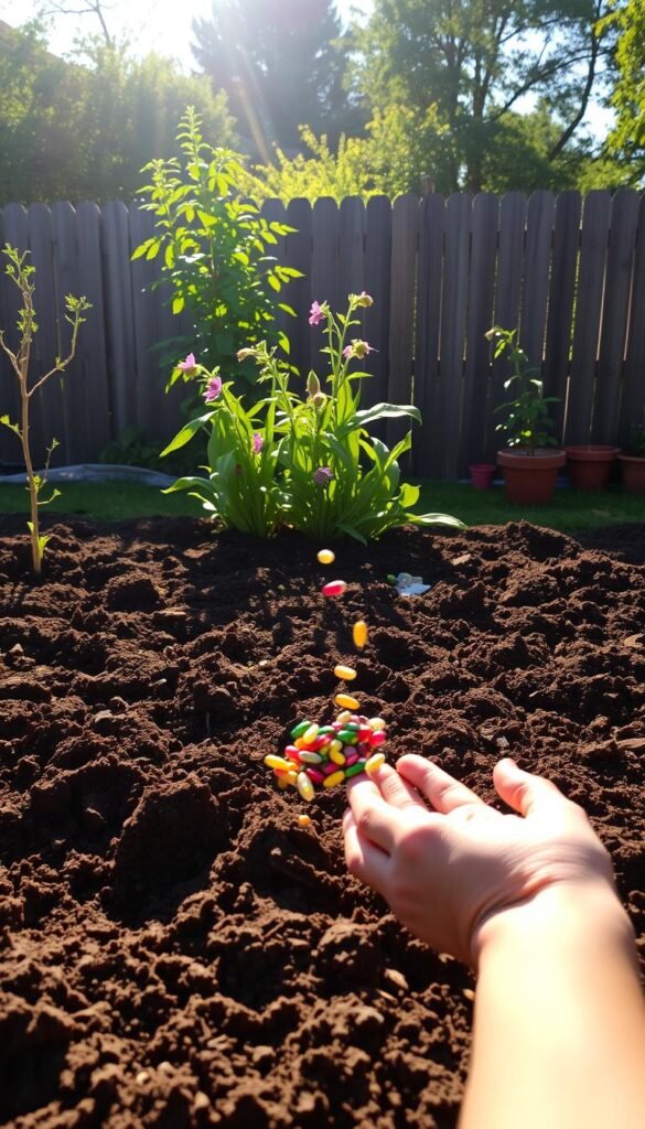 A serene backyard garden in the afternoon light, the soil freshly tilled and ready for planting. In the foreground, a person's hands carefully scattering colorful pollinator seeds across the prepared bed, as if sowing the seeds of life. Soft shadows dance across the scene, the warm sunlight filtering through lush greenery in the middle ground. In the background, a wooden fence and a few potted plants frame the tranquil setting, hinting at the vibrant wildlife that will soon flourish in this pollinator-friendly oasis.