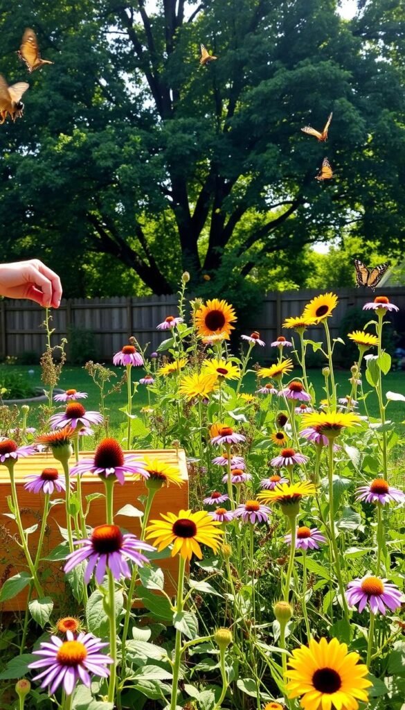 A serene backyard scene with a lush, thriving pollinator garden. In the foreground, a beekeeper gently tends to a wooden hive, their hands delicately manipulating the frames. Surrounding the hive, a vibrant mix of native flowers and plants - purple coneflowers, yellow sunflowers, and pink milkweed - sway in a gentle breeze. In the middle ground, butterflies flutter amongst the blossoms, their intricate wings catching the warm, golden sunlight. The background features a verdant canopy of trees, providing a natural, shaded backdrop to the scene. The overall mood is one of peaceful coexistence, where humans and pollinators work in harmony to maintain a thriving, sustainable ecosystem.