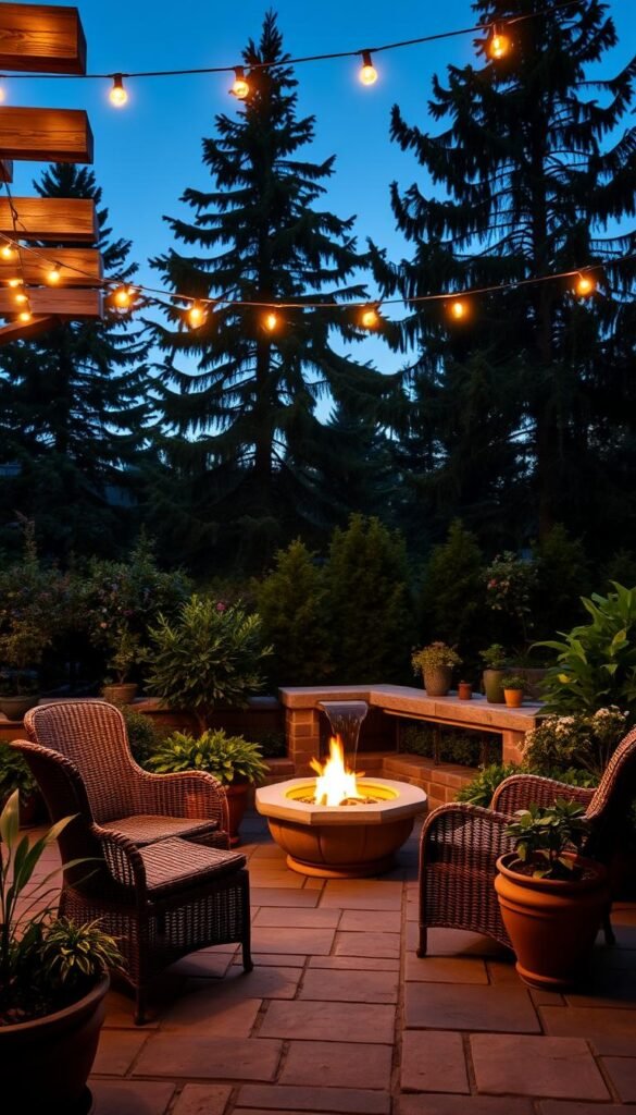 A serene evening garden patio, bathed in a warm, inviting glow. Soft string lights drape across the overhead trellis, casting a gentle illumination that dances on the stone pavers below. In the foreground, a pair of wicker chairs sit beside a small, crackling fire pit, its flames flickering and casting dramatic shadows. Lush potted plants and a cascading water feature create a tranquil, nature-inspired ambiance. The scene is framed by tall, swaying trees in the background, their leaves rustling softly in the cool evening breeze. The entire composition evokes a cozy, intimate atmosphere, perfect for relaxing and enjoying the outdoors long into the twilight hours.