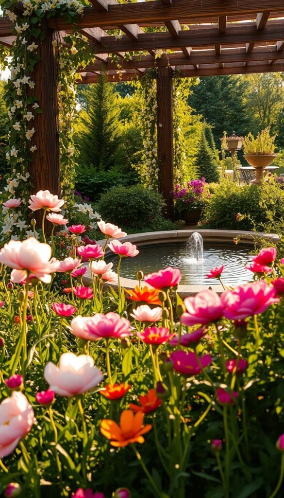 A serene floral retreat nestled in a lush, verdant garden. In the foreground, a variety of blooming flowers - vibrant peonies, delicate poppies, and fragrant jasmine - create a captivating tapestry of colors and textures. The middle ground features a tranquil water feature, its gentle ripples reflecting the surrounding foliage. Bathed in warm, golden sunlight, the scene evokes a sense of peace and relaxation. In the background, a rustic wooden pergola is adorned with cascading vines, adding a touch of natural elegance. The overall composition conveys a harmonious blend of natural beauty and thoughtful design, inspiring a desire to linger and immerse oneself in this tranquil outdoor oasis.