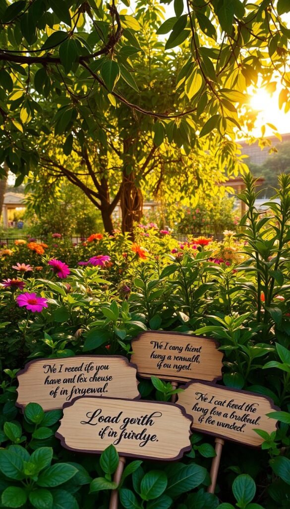A serene garden filled with lush, verdant foliage and vibrant blooms. Warm, golden sunlight filters through the canopy, casting a soft, inspirational glow. In the foreground, handwritten calligraphic quotes are delicately etched onto wooden plaques, their messages of growth and renewal nestled amongst the thriving plants. The overall composition evokes a sense of tranquility and contemplation, inviting the viewer to reflect on the rejuvenating power of nature.
