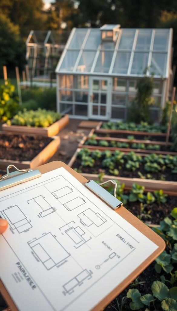 A serene garden layout planning scene, showcasing a neatly organized plot of land. In the foreground, a detailed sketch of the garden design is laid out on a wooden clipboard, with carefully drawn sections for various crops. The middle ground features lush, verdant raised garden beds, their soil rich and ready for planting. In the background, a quaint greenhouse stands, its glass panels catching the warm, golden light of the afternoon sun. The atmosphere is one of focused contemplation, with a sense of order and precision, reflecting the careful planning process behind the creation of a thriving fruit and vegetable garden.