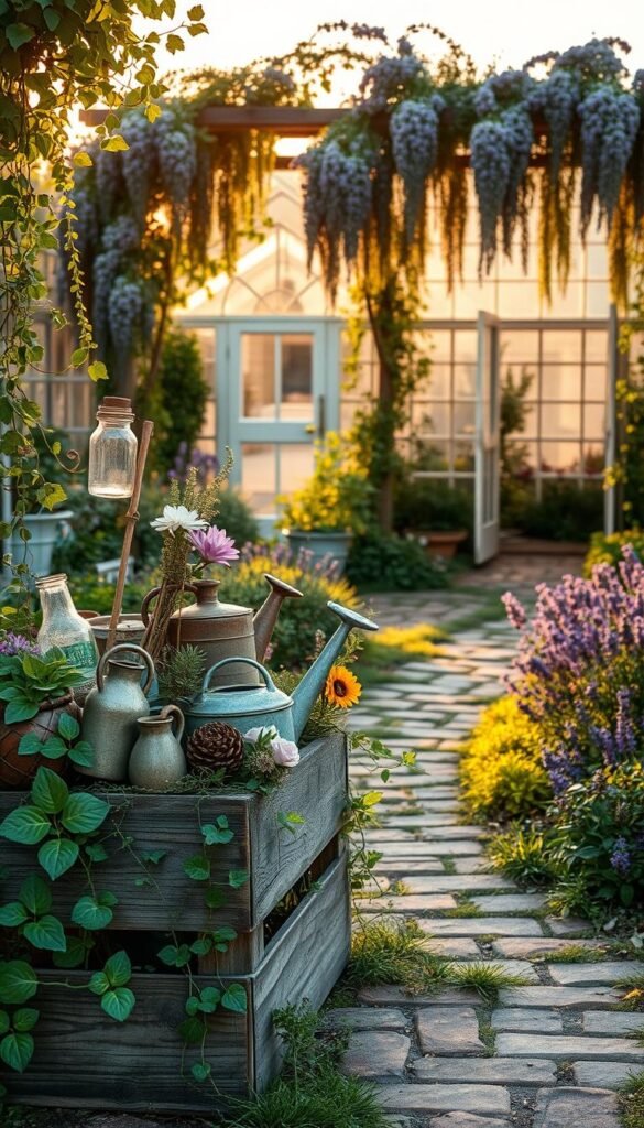A serene garden oasis, bathed in warm, golden afternoon light. In the foreground, a weathered wooden crate overflows with a vibrant array of vintage-inspired garden treasures - antique watering cans, rusted gardening tools, and delicate glass bottles filled with fragrant blooms. Trailing vines and lush greenery cascade over the crate's edges, creating a whimsical, timeless tableau. In the middle ground, a gently winding path made of reclaimed stone and brick leads the eye deeper into the scene, flanked by clusters of fragrant lavender and trailing sweet peas. Beyond, a picturesque arbor draped in cascading wisteria frames a distant view of a quaint greenhouse, its weathered glass panels glowing in the soft, diffused light. An atmosphere of rustic charm and tranquil serenity pervades the entire composition.