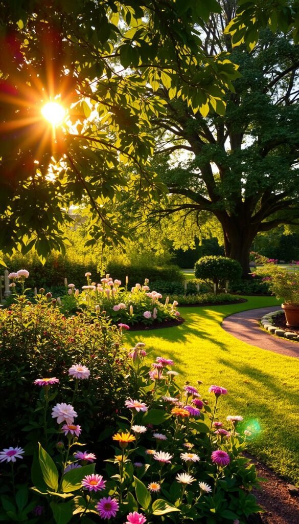 A serene garden oasis, bathed in warm, golden sunlight filtering through lush, verdant foliage. In the foreground, a delicate interplay of light and shadow dances across a vibrant flower bed, showcasing a variety of blooming flora. The mid-ground reveals a winding garden path, inviting exploration, while the background features a canopy of mature trees casting a gentle, dappled shade upon the scene. A sense of tranquility and harmony pervades the atmosphere, highlighting the perfect conditions for a thriving, healthy garden.