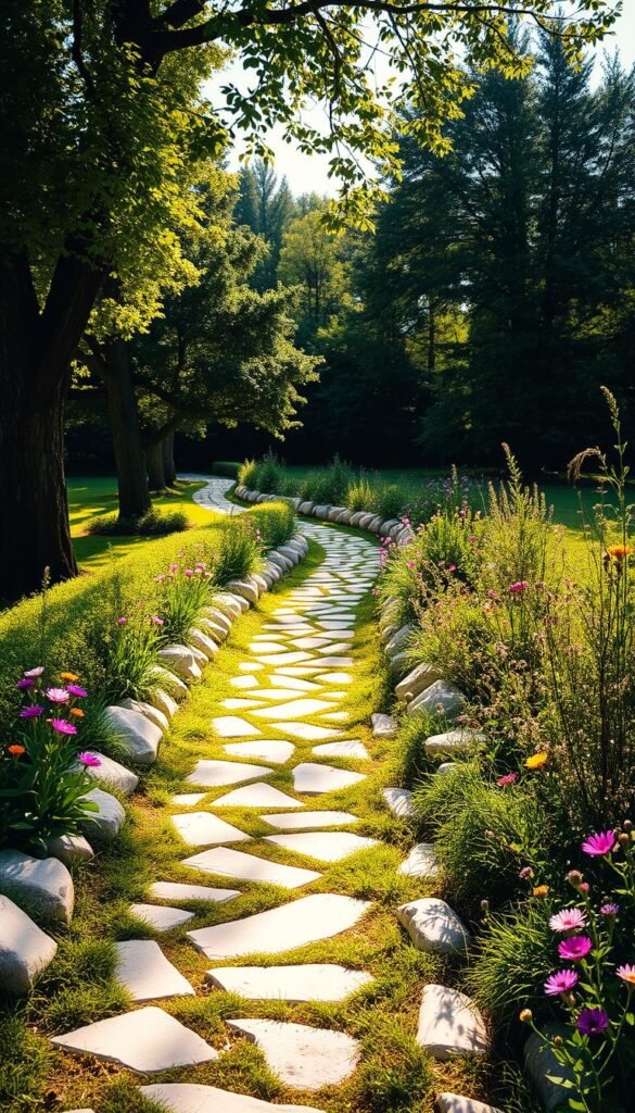 A serene garden pathway meanders through a lush, natural landscape. Crisp white stones line the walkway, their irregular shapes and textures complementing the verdant foliage surrounding them. Towering trees cast dappled shadows, creating a warm, inviting ambiance. Vibrant wildflowers in hues of pink, purple, and yellow dot the borders, adding pops of color that draw the eye forward. The scene is bathed in soft, golden light, lending a tranquil, romantic atmosphere. A sense of harmony and balance permeates the entire composition, inviting the viewer to immerse themselves in the beauty of this enchanting outdoor retreat.