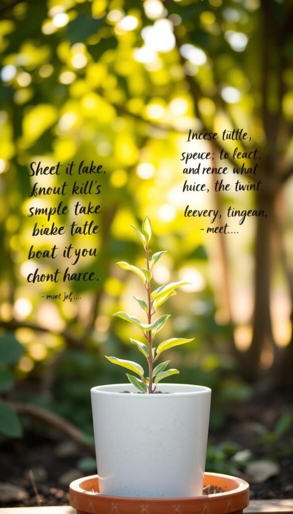 A serene garden setting, sunlight filtering through verdant foliage. In the foreground, a simple potted plant, its leaves gently swaying. Handwritten calligraphic quotes in a warm, earthy palette adorn the scene, conveying the joyful spirit of growth and renewal. The composition is balanced, with the plant as the focal point, surrounded by a harmonious blend of natural textures and minimal, elegant design elements. The overall mood is one of tranquility and everyday inspiration, capturing the essence of the "Short and Sweet Plant Quotes for Everyday Joy" section.