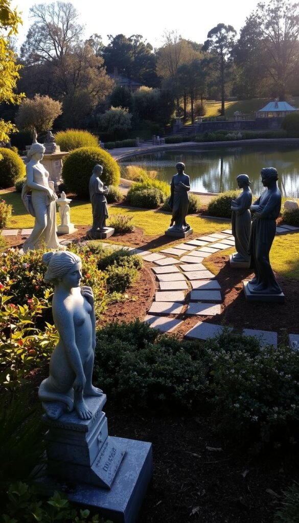 A serene garden setting with an assortment of elegant, artistic garden statues adorning the landscape. In the foreground, a graceful stone figure of a goddess or mythical creature stands amidst lush foliage and flowering plants. In the middle ground, a pair of classical-style statues in weathered bronze flank a winding stone path, casting long shadows under the warm afternoon sun. In the background, a tranquil pond reflects the statues and the surrounding trees, creating a peaceful, contemplative atmosphere. The lighting is soft and diffused, highlighting the textures and details of the statues. The overall composition conveys a sense of timeless, refined beauty and invites the viewer to explore and appreciate the artistic merits of these garden ornaments.