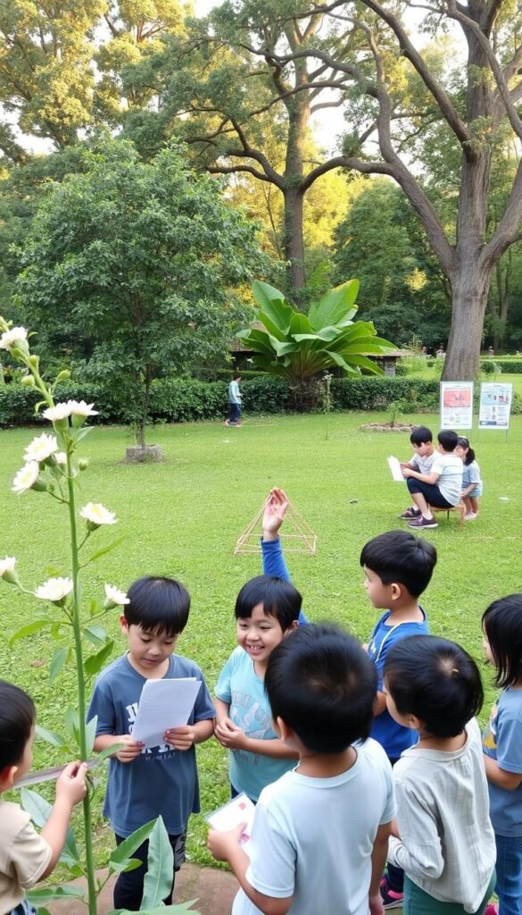 A serene garden setting, with children actively engaged in various math-themed activities. In the foreground, a group of young students working together to measure the height of a flowering plant, using a ruler and notepad. In the middle ground, another group constructs geometric shapes using sticks and string, discovering the properties of triangles and rectangles. The background features a lush, verdant landscape, with towering trees casting a warm, diffused lighting that illuminates the scene. Scattered throughout the garden, educational posters and signage provide visual aids, guiding the children's exploration of mathematical concepts within the natural environment.