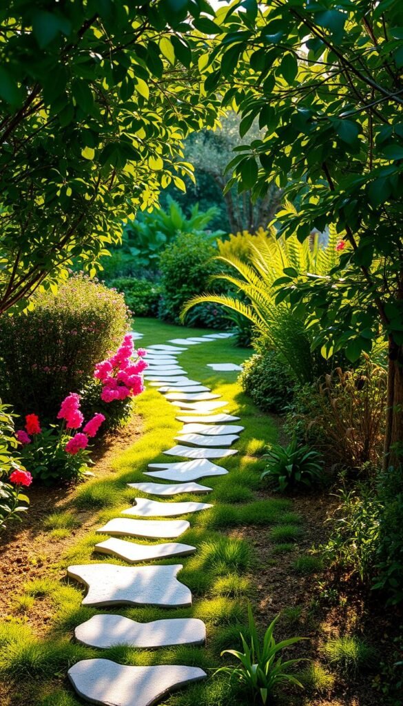 A serene garden walkway winds through a lush, verdant landscape. The path is lined with delicate stepping stones, each one unique and strategically placed to create a captivating visual flow. Verdant foliage, including vibrant flowers and leafy shrubs, frames the walkway, casting dappled shadows that dance across the ground. Warm, golden sunlight filters through the canopy, creating a enchanting, inviting atmosphere. The walkway's design is both practical and aesthetically pleasing, seamlessly blending form and function to elevate the overall garden experience. This harmonious scene invites the viewer to embark on a tranquil stroll, immersed in the beauty of the natural world.